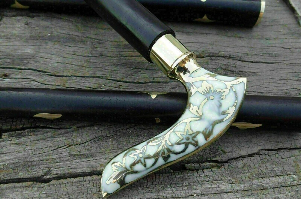 vintage chrome silver elephant head handle black wooden walking stick designer