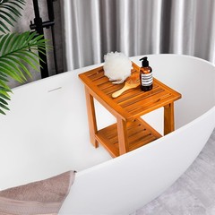 14″ Compact Teak Shower Stool with Shelf & Handle-Waterproof,Non-Slip Bath Bench