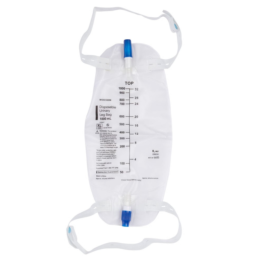 McKesson Urinary Leg Bag, Anti-Reflux Valve, Sterile, 1,000 mL Vinyl, Case of 48
