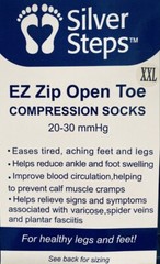 Silver Steps EZ Zip Open Toe Compression Socks, 20-30 mmHg L, XL, XXL, XXXL