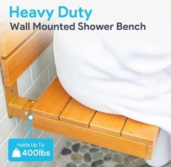 Wool & Ray Folding Teak Shower Bench W/ Back Rest Wall-Mounted Floating 400 lb