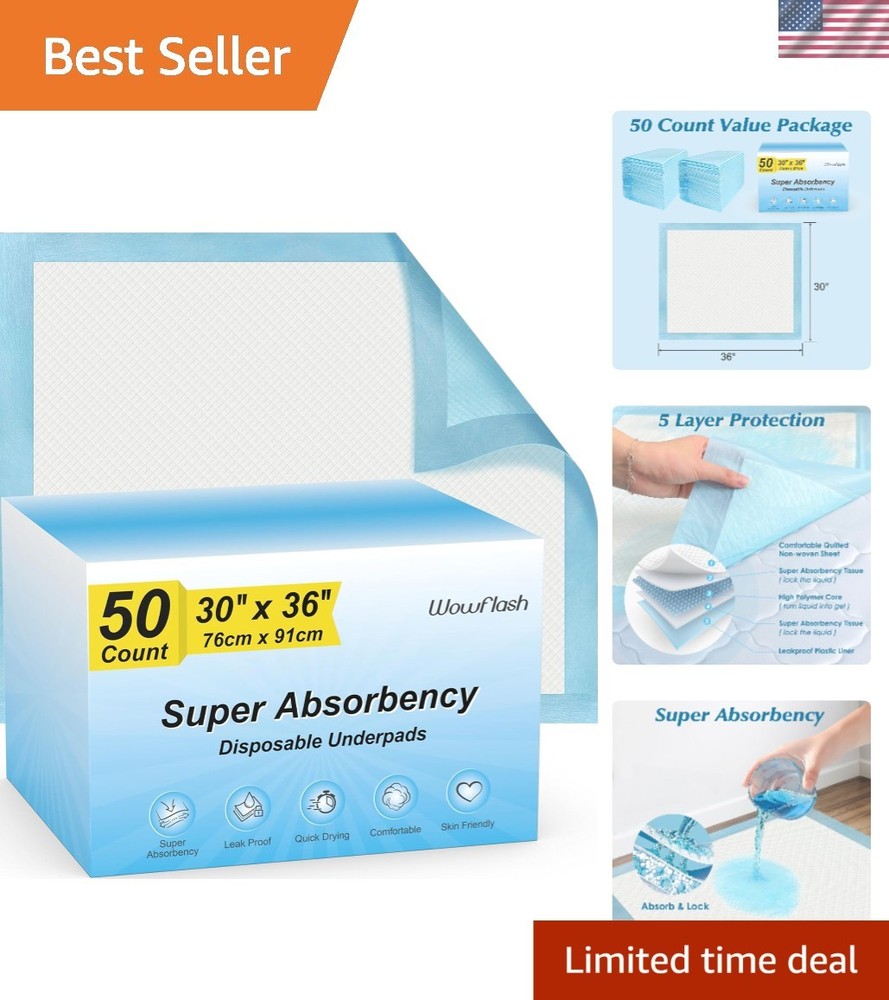 Multi-Functional XXL 30” x 36” Disposable Underpads – 50 Count, Quick Drying