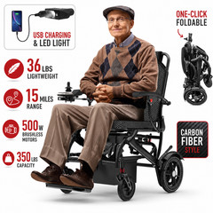 36LBS Foldable Electric Wheelchair for Adults 500W Airline Approval Carbon Style