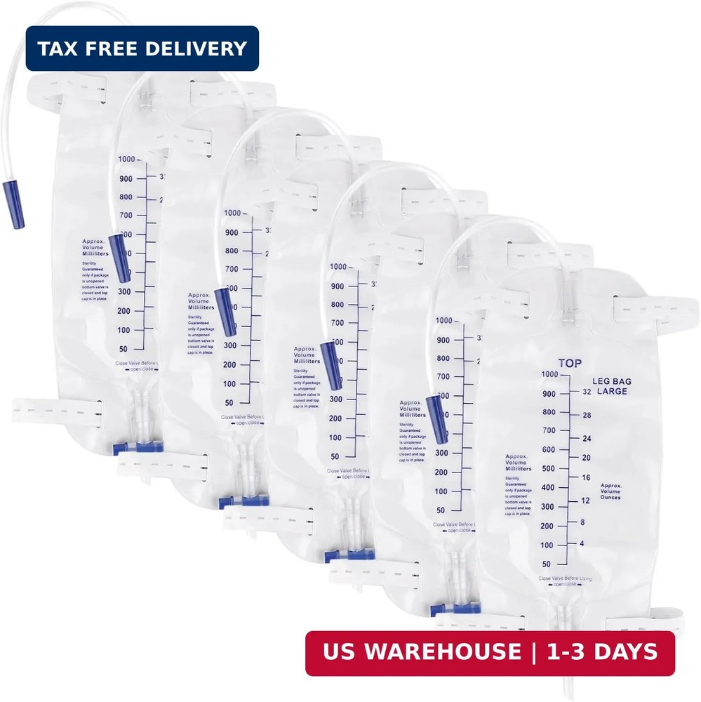 5 Pack 1000ml Sterile Leg Urinary Drainage Bags with 2 Adjustable Elastic Straps
