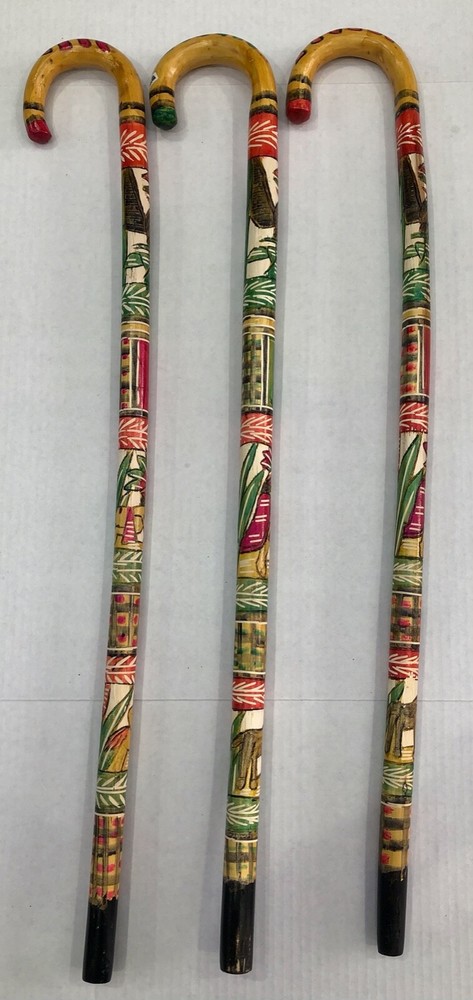Hand Carved Wooden Cane Walking Stick Mexican Aztec Hand Painted Made in Mexico