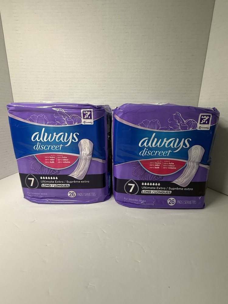 2 Packages Always Discreet Ultimate Extra Long Rated 7 Incontinence Pads 52