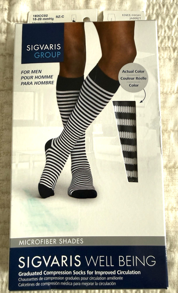 SIGVARIS Mens Microfiber Shades Mariner Stripes Compression Socks 15-20mmHg Sz C