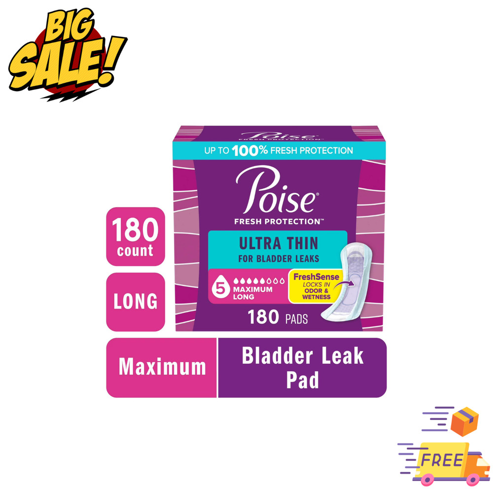 Poise Ultra Thin Incontinence Pads 5 Drop Maximum Absorbency Long 180 Count