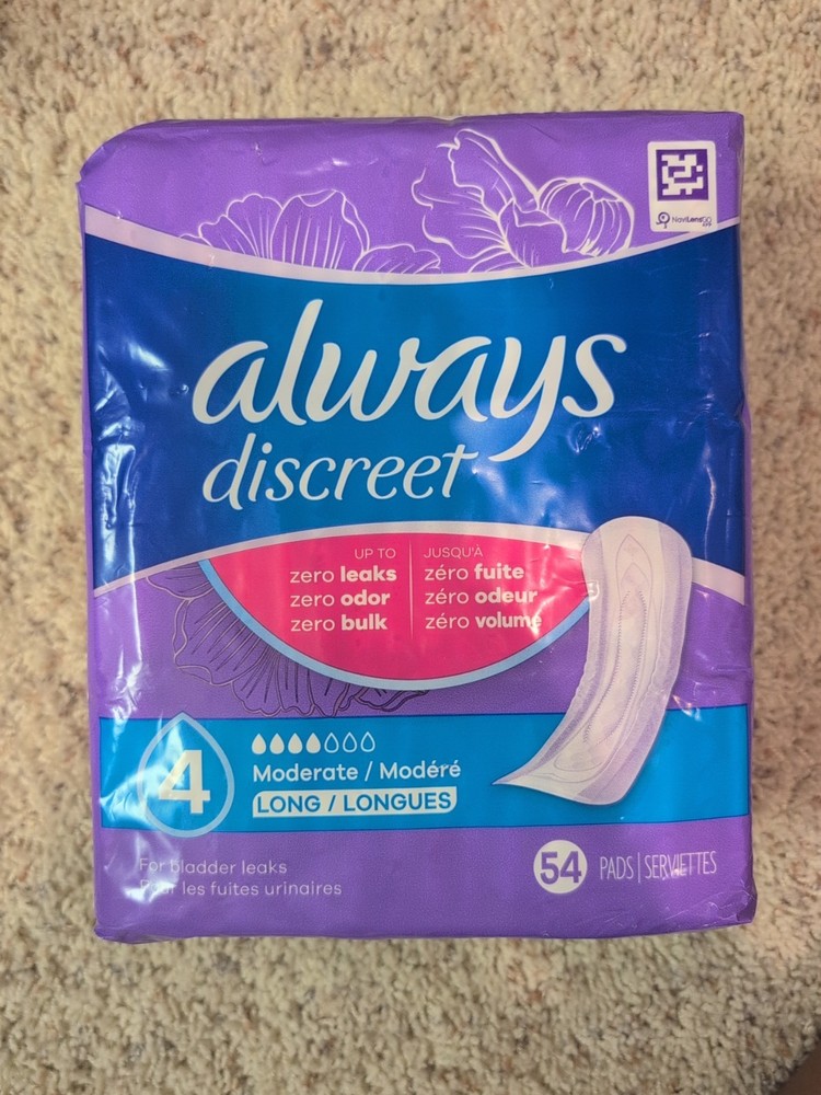 Always Discreet Incontinence Pads Moderate Absorbency Long Length 54 Count