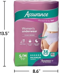 Assurance Women s Underwear, Maximum Absorbency, Size S/M, 2 X 36 =72 CT