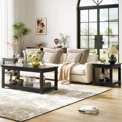 Black End Table, 20×20 Inch Square Side Table for Living Room, Large Wood Accent