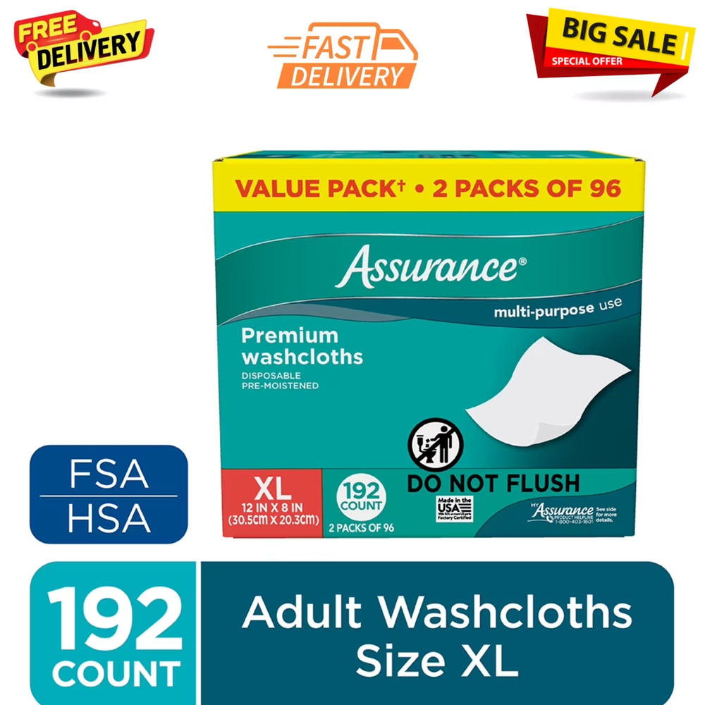 Assurance Premium Disposable Washcloths Pre-Moistened Body Wipes, XL, 192 Ct
