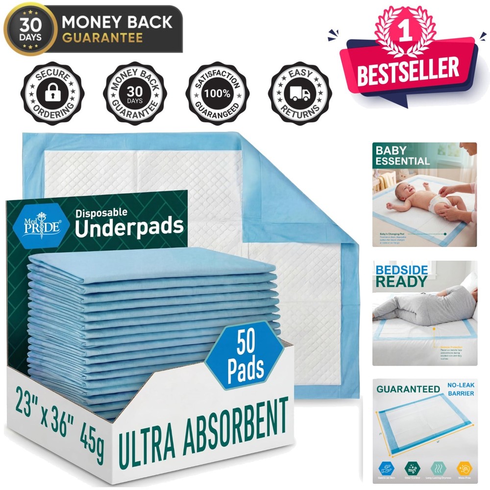 23×36 Blue/White Incontinence Bed Pads – 50 Count for Enhanced Hygiene & Comfort