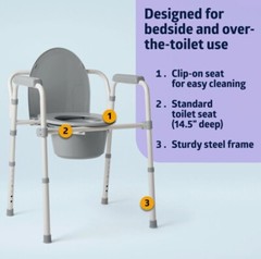 3-in-1 Steel Folding Bedside Commode, Removable Bucket & Seat, Gray – Open Box