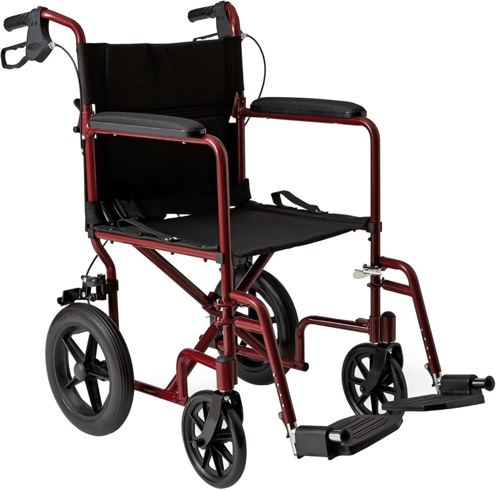 Medline Lightweight Foldable Transport Wheelchair with Handbrakes and 12″ Wheels
