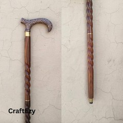 Wooden Walking Stick Brass Derby Floral Handle Cane Handmade Spiral Shaft 36″