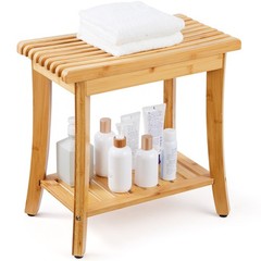 Waterproof Bamboo Shower Stool with Shelf, 330lb Load, Anti-Slip Feet, 19.1in