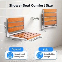 15.1″ ADA Compliant Folding Teak Wood Shower Bench, Small Bath Wall Mount Seat