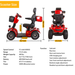 Heavy Duty 4-Wheel Mobility Scooter 31 Miles 3-Speed 500W 400lbs Capacity Red