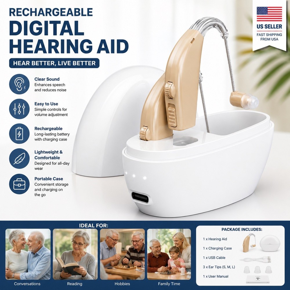 Rechargeable Digital Hearing Aids for Seniors Noise Reduction Charging Case