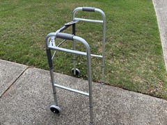 Aluminum Walking Frame Walker, Silver/Gray, 2 Wheels, Adjustable Height