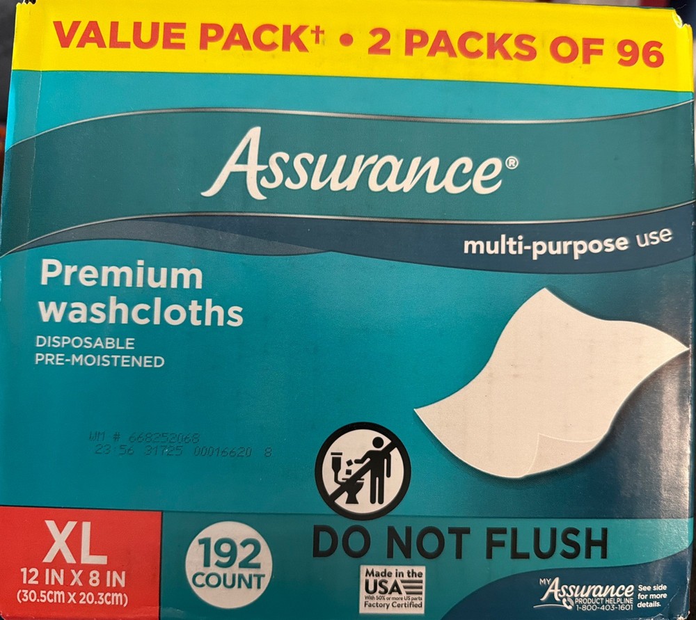 Assurance Premium Disposable Pre-Moistened Washcloths, Extra Large (XL), 192 Ct