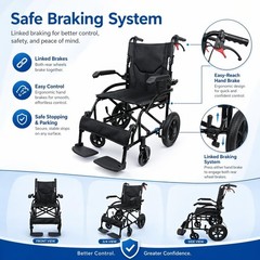 Lightweight Folding Transport Wheelchair w/6″ Front 12″ PU Mag Wheel & Handbrake
