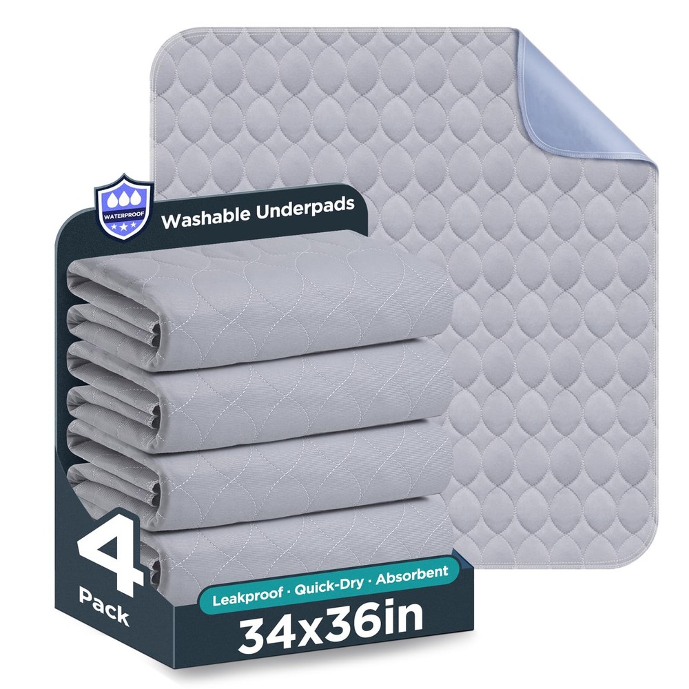 Washable Bed Pads 34″ x 36″ – 4 Pack, Grey, Waterproof Bed Pads for Incontinence