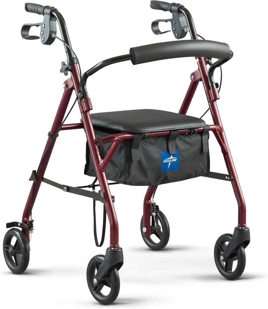 Medline Steel Rollator Walker with Seat, Burgundy, 350 lb. Weight Capacity