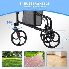 Lightweight 3 Wheel Upright Rollator Walker 8in Wheels Folding Mobility Aid
