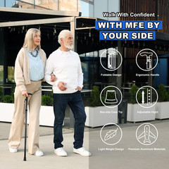 Folding Cane – Adjustable Height Walking Stick with T Handle & Wrist Strap