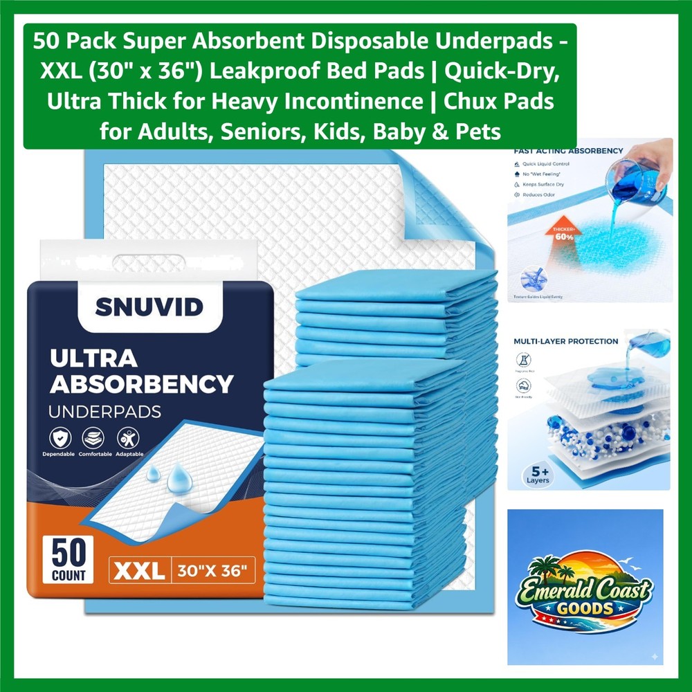 50 Pack Super Absorbent Disposable Underpads – XXL 30″ x 36″ Leakproof Bed Pa…