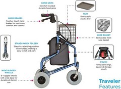 NOVA Traveler 3-Wheel Rollator Walker, All Terrain 8” Wheels w/ Bag/Basket/Tray