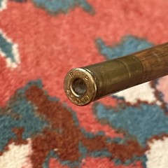 Walking stick cane Carved antler handle tapered wood shaft Brass .45 Shell Tip