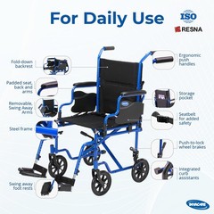 Invacare Transport Wheelchair w/19″ Seat, Removable Arms, Steel Frame – Blue
