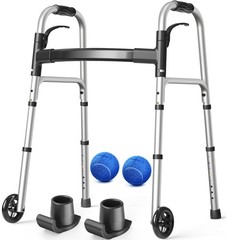 Lightweight Folding Walker with Wheels, Adjustable Height, Supports 350 lbs, Inc