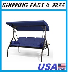 3 Seat Outdoor Porch Swing Bench, Adjustable Canopy Swing Chair, Convertible