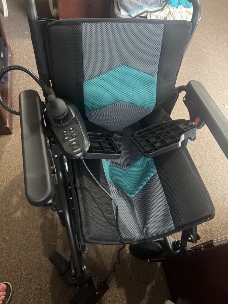 Foldable Electric Wheelchair w/ Joystick, 4-Wheel Electric/Battery, Black/Teal