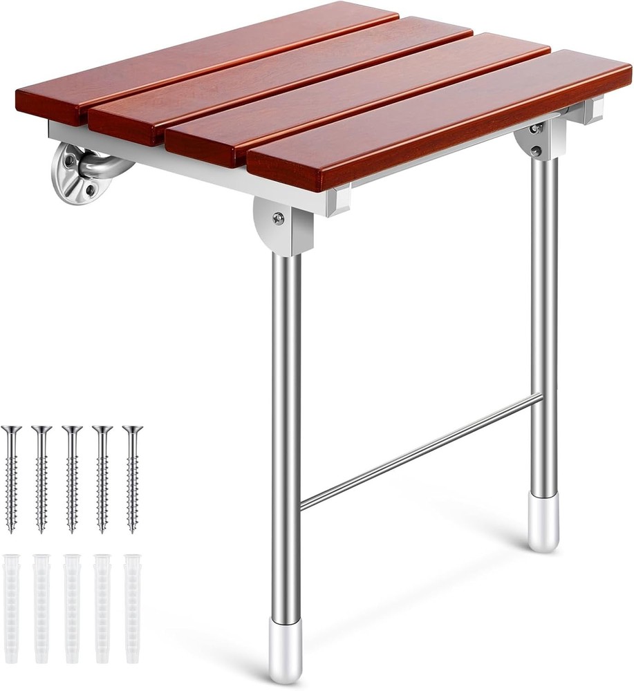 Geetery Folding Shower Seat Wall Mounted 18 Inch Wood Bench w/ Legs 400 lbs