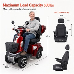 Heavy Duty 4-Wheel Mobility Scooter 25-37 Miles Range 4-Speed, 500lbs Load, Red