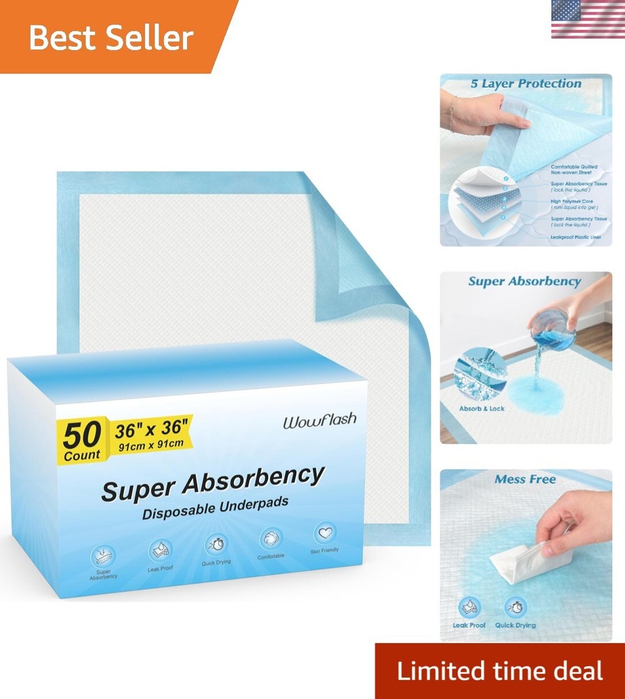 Leakproof and Quick Drying 36″ x 36″ Disposable Underpads – 50 Count Value Pack