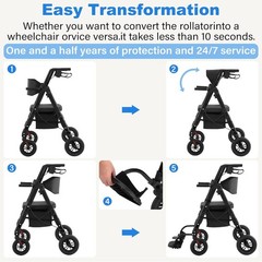 2025 StrollAid 2 In 1 Rollator Walker Transport Chair Heavy Duty 450 Lbs