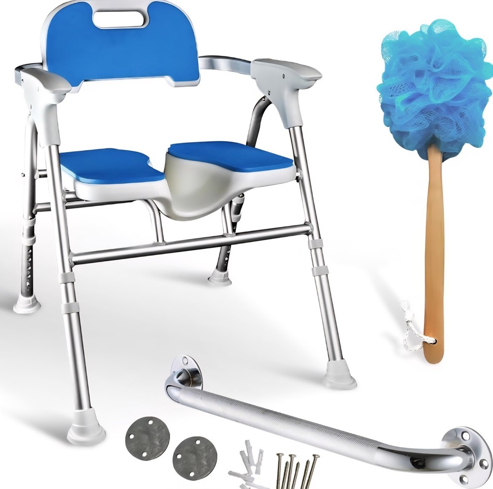 Medroad Foldable Shower Chair Adjustable Height Soft Cushion Support Up to 350lb