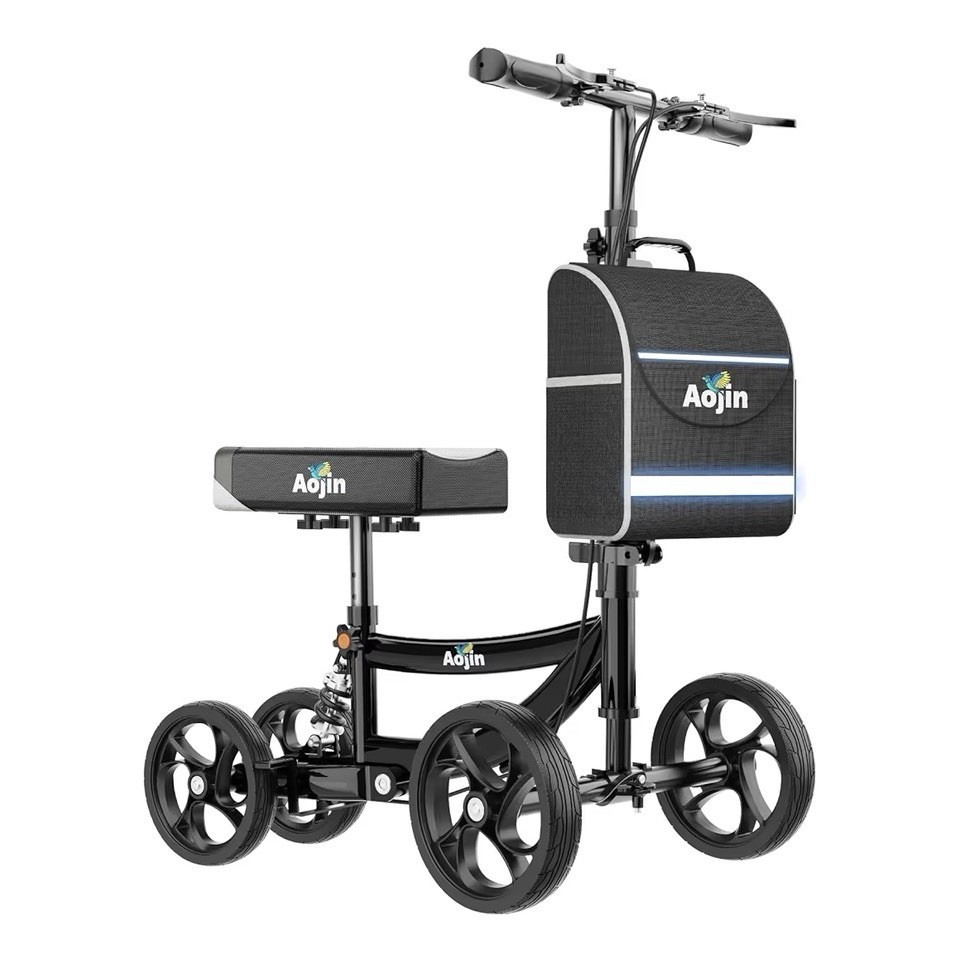 AOJIN All Terrain Knee Scooter Walker Foldable 300lb Capacity w/ Bag Black