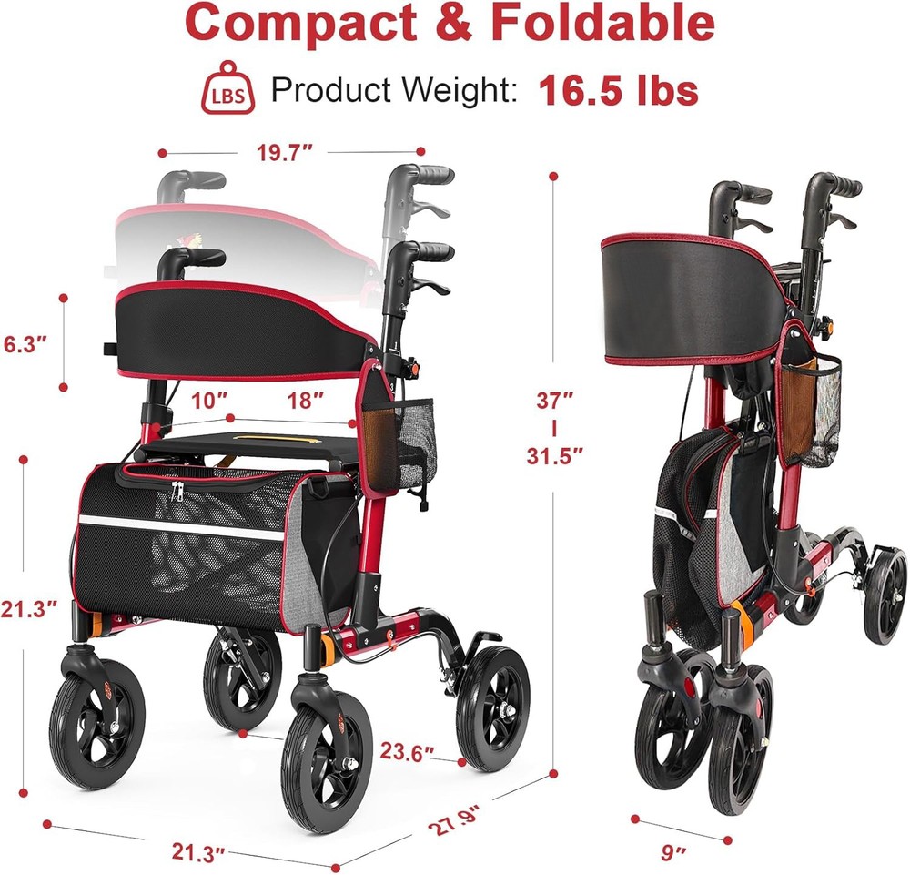 350LB All Terrain Senior Folding Rollator Walker 18″ Seat Lightweight 8″ Wheel