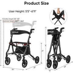 Foldable Rollator Rolling Walker with Seat for Seniors 8“ Wheels Max 300 Lb