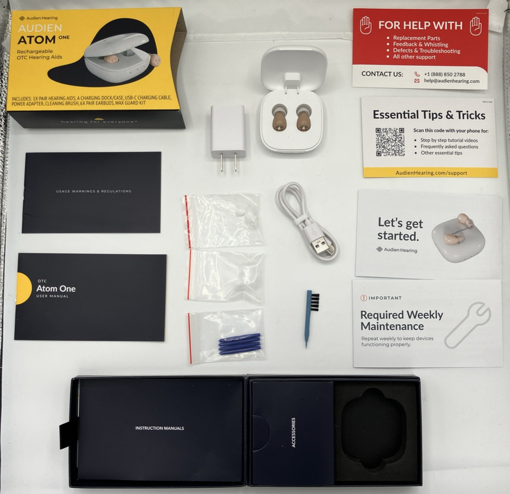 Audien Atom One OTC Hearing Aids Rechargeable Beige charger cord accessories