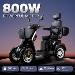 Heavy Duty 4-Wheel Mobility Scooters 31 Miles 3-Speed 800W 500lbs Capacity