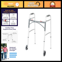 Lightweight Folding Walker with Wheels – Adjustable Height, Dual Push-Button, 5″