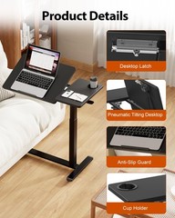 Overbed Table with Wheels, Pneumatic Lift, Foldable Top (Black)